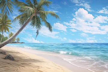 Fototapeta na wymiar Palm Tree Beach and Soft Sand Beach: Tropical Paradise Encased in Serenity