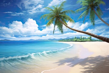 Fototapeta na wymiar Soft Sand Beach with Palm Trees: A Tropical Paradise for Relaxation