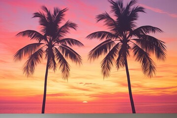 Fototapeta na wymiar Palm Tree Sunset Close Up: Vibrant Wallpaper Capturing the Serene Beauty of Palm Trees at Dusk