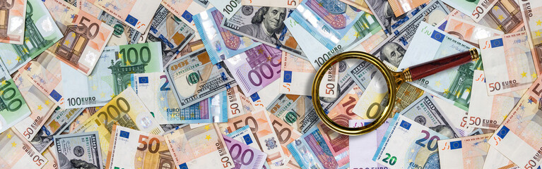 Two leading currencies - dollar and euro bills for desing