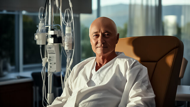 Portrait of a Man undergoing course of chemotherapy in clinic. Sick bold man in hospital.Prostate cancer awareness concept