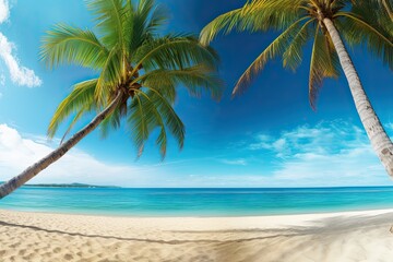 Fototapeta na wymiar Palm Trees on Beach: Wide Panorama Beach Background Concept - Stunning Tropical Paradise Landscape