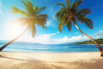 Fototapeta na wymiar Palm Trees on Beach: Tropical Holiday Beach Banner for a Picture-Perfect Getaway