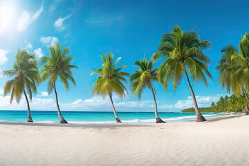 Obraz premium Palm Trees on Beach: Wide Panorama Beach Background Concept - Captivating Tropical Scenery