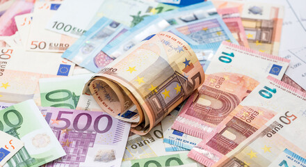 Obraz na płótnie Canvas Flat lay of euros banknotes, lot of EU money