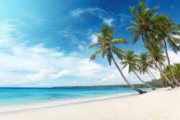 Fototapeta na wymiar Panoramic Beach Background Concept: Palm Trees on Beach Wide - A Serene Tropical View