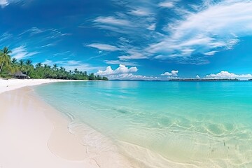 Fototapeta na wymiar Panorama: Beautiful White Sand Beach and Turquoise Water | Nature Landscape View of Tropical Beach and Sea in Sunny Day