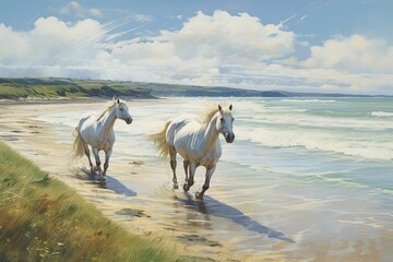 Obraz premium Panoramic Beach Landscape: Horses Running on Beach - Captivating Coastal Scene of Majestic Equine Movement
