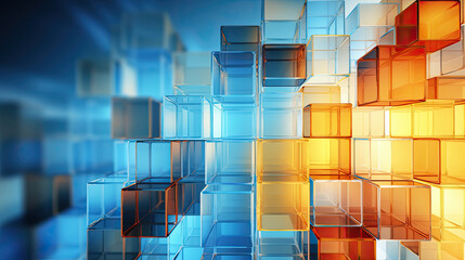 Texture background with random 3d cubic crystal boxes in bright blue and yellow colors