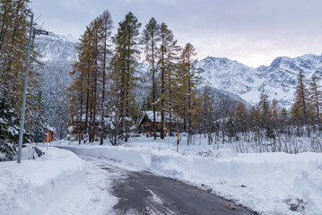 Traditional village in winter with snow. Macugnaga, northern Italy. Important ski resort in the...