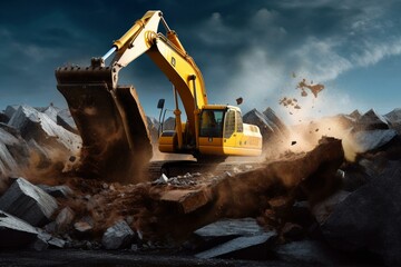 An excavator is demolishing rocks. Generative AI - obrazy, fototapety, plakaty