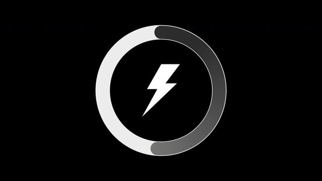 Battery charging animation with a power icon isolated on a black background.