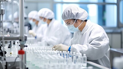 Staff inspecting medical vials on production line in pharmaceutical factory