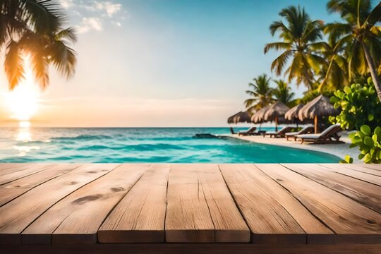 Wooden black table top on blur tropical beach background - can be used for display or montage your products. High quality photo 