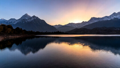 Fototapeta na wymiar First Light Magic Sunrise at the Lake with Mountains