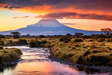 Sunset view of Mt. Kilimanjaro in Tanzania, Africa. Generative AI - obrazy, fototapety, plakaty