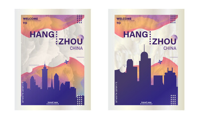 China Hangzhou city poster pack with abstract skyline, cityscape, landmarks and attractions. Zhejiang travel vector illustration set for brochure, website, page, presentation