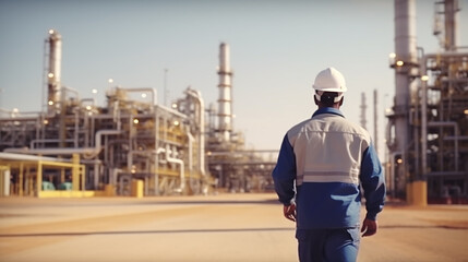 Oil and gas worker in helmet stand back and look at offshore petroleum platform