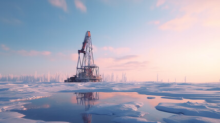 Oil drill rig and pump jack in winter - obrazy, fototapety, plakaty