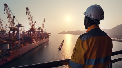 Oil and gas worker in helmet stand back and look at offshore petroleum platform - obrazy, fototapety, plakaty