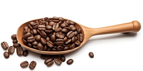 Obraz premium Wooden coffee bean spoon with coffee beans stock photo