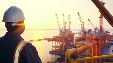 Oil and gas worker in helmet stand back and look at offshore petroleum platform