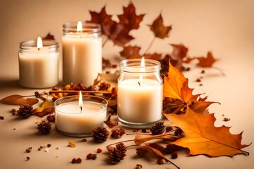 Obraz na płótnie Canvas A vanilla scented candle is being burned on a beige background, creating a cozy and warm autumn atmosphere with dried leaves and flowers