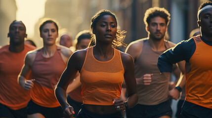 A group of athletes runs a marathon along the city roads. - obrazy, fototapety, plakaty