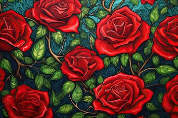 Red Roses Wallpaper: Fragment of Artwork on Paper with Wavy Pattern