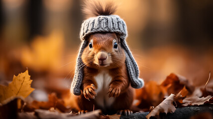 Super cute funny squirrel wearing a scarf in beautiful Fall landscape, Autumn scene with a cute european red squirrel. Sciurus vulgaris. copy space - obrazy, fototapety, plakaty