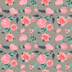 Abstract floral seamless pattern. Rose flowers painting with watercolor.