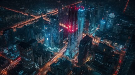 Enchanting Nighttime Cityscapes: Aerial Views of Bangkok's Urban Architecture and Skyscrapers Amidst Dazzling Lights and Vibrant Traffic, generative AI
