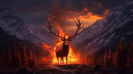 An anthropomorphic elk with massive curved antlers surrounded by flames of fire, created using Generative Ai technology.