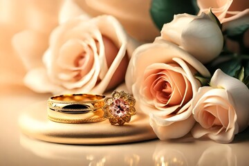 Beauty of gold ring and rose wedding celebration, jewelry with romantic flowers