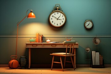 A workstation with furniture and decor elements: desk, chair, wall clock, laptop, lamp. Generative AI