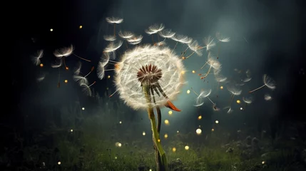 Foto op Plexiglas A dandelion mid-transformation, its seeds preparing to take flight. © baloch