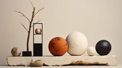 Fotobehang a still life arrangement of various stones, plant life and inorganic materials hone by human hands © Randall