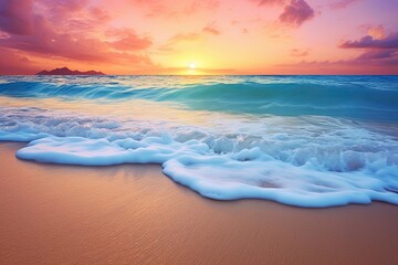 Obraz premium Sunset Beach Images: Soft Wave of Blue Ocean on Sandy Beach Background