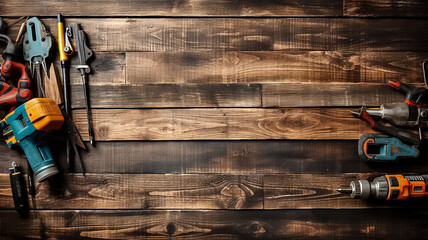 Different construction tools with Hand tools for home renovation on wooden board maintenance and reparing concept. Handyman tool on wooden table copy space,rapair concept