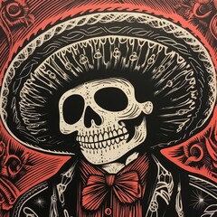 Day of deads, mexico celebration, woodcut print od calaveras skeletons in black and orange