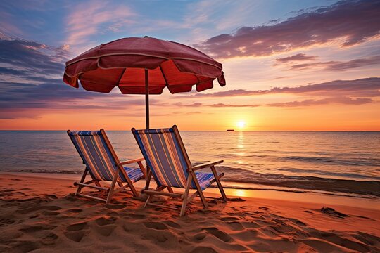 Sunset Beach Pictures: Chairs and Umbrella on Beach - Captivating Sunset Sceneries