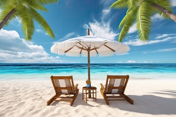 Tropical Paradise Beach: White Sand, Coco Palms, Chairs, and Umbrella on Beach