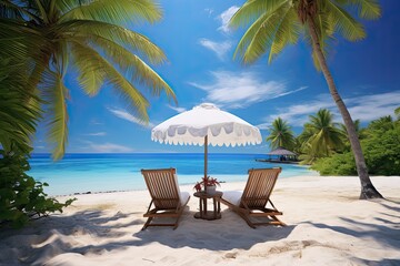 Tropical Paradise Beach: White Sand, Coco Palms, Chairs, and Umbrella on Beach - Exquisite Coastal Delight