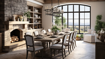 Fototapeta na wymiar Contemporary farmhouse style dining room featuring