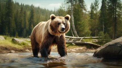 Bear on beautiful nature background, Wildlife Bear catching fish in the river