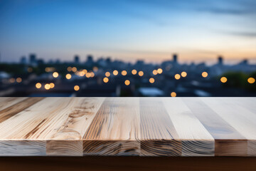 Wood table top on blurred of city view background.panoramic banner. High quality photo