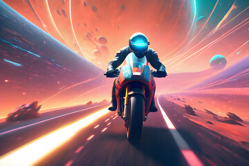 In space where the Earth is visible racing on a motorcycle,