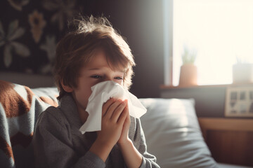 A sick boy blows his nose with a handkerchief in the living room - obrazy, fototapety, plakaty
