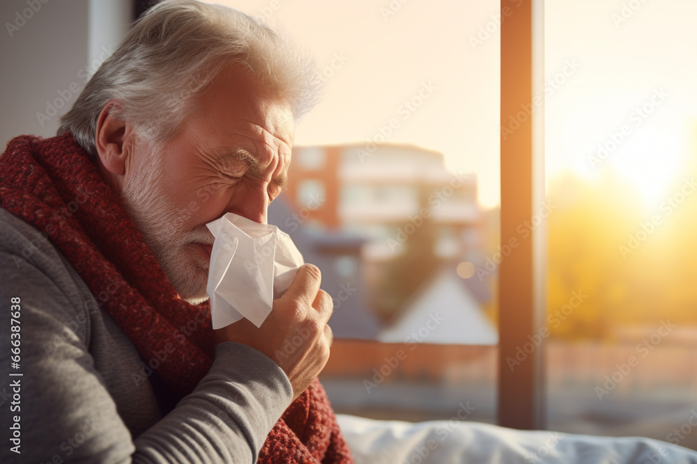 Wall mural a sick old man blows his nose with a handkerchief in the living room