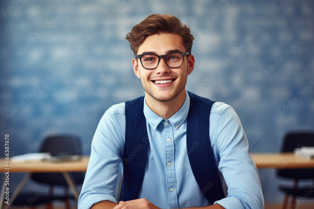Aufkleber man sitting at table with laptop in front of him. this image can be used to depict person working, s